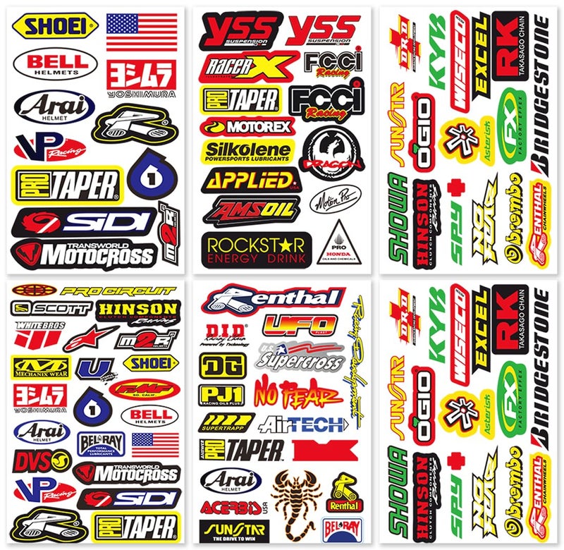 DmStore Motocross Dirt Bike Bikes Race Motorcycle motos rc Bicycle Trucks Parts Accessories Sponsor Logo ATV Skateboard Helmet Tool Box Racing Pack 6 Sheets Grafitti Vinyl Decals Stickers Kit D6721 - Image 1